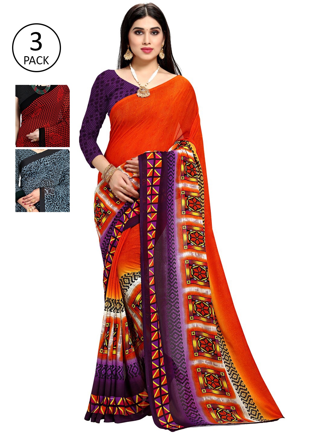 

KALINI Pack of 3 Orange & Red Floral Saree
