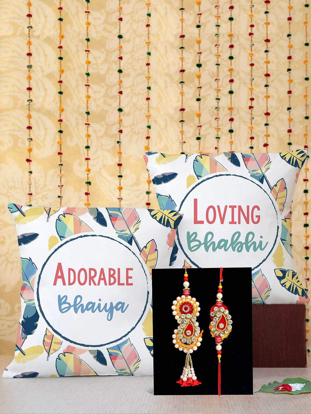

TIED RIBBONS Set Of 3 Designer Bhaiya Bhabhi Rakhi with Printed Cushion Combo Gift Set, White