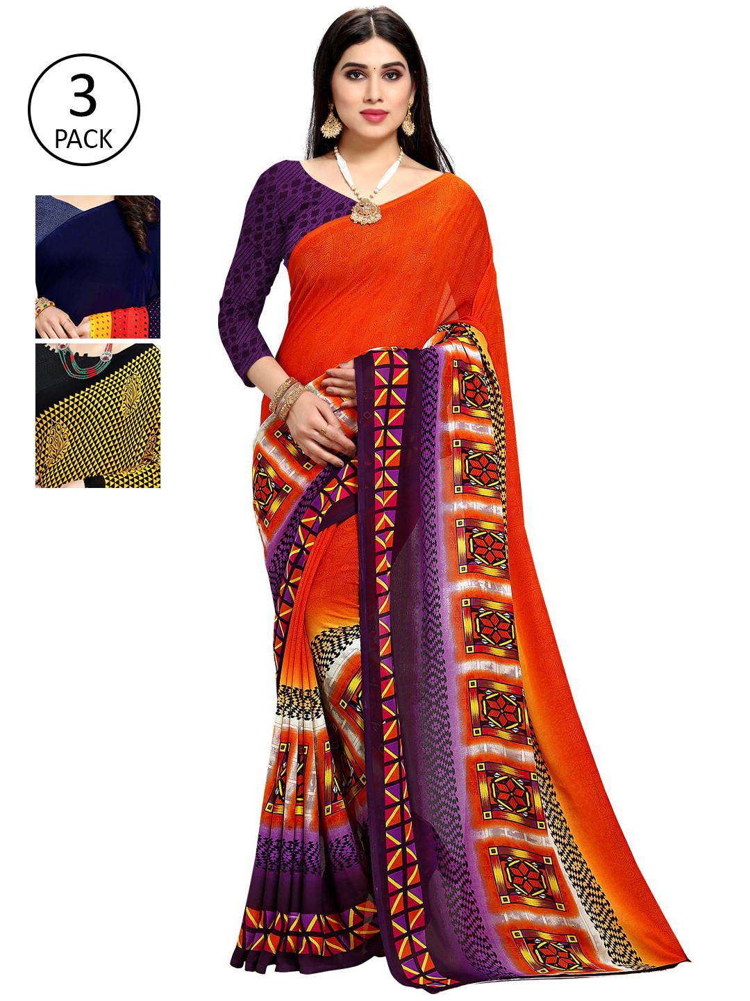 

KALINI Pack of 3 Poly Georgette Saree, Orange