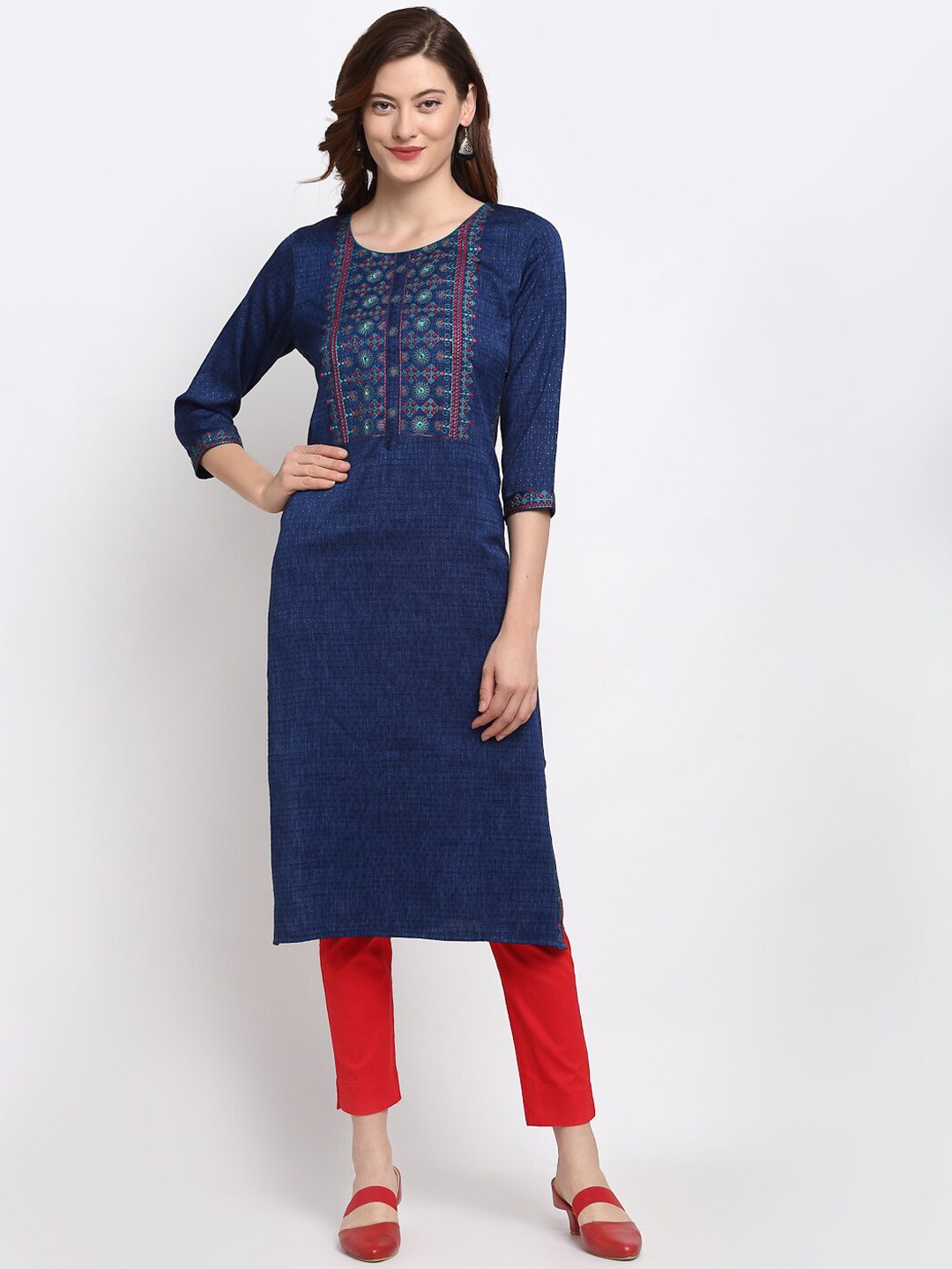 

Lovely Lady Women Navy Blue Ethnic Motifs Embroidered Yoke Design Kurta