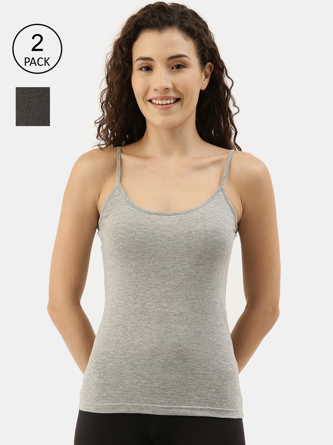 

appulse Women Pack Of 2 Solid Cotton Camisoles, Grey melange