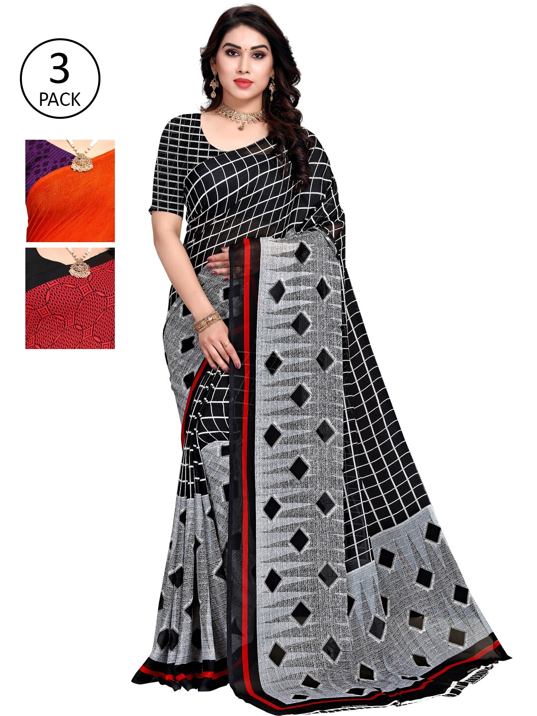 

KALINI Pack of 3 Red & Grey Poly Georgette Saree