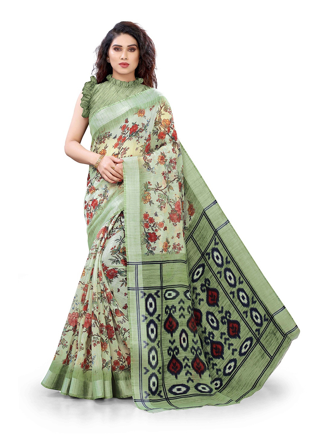 

KALINI Women Green & Multicolour Floral Print Bagh Saree With Unstitched Blouse