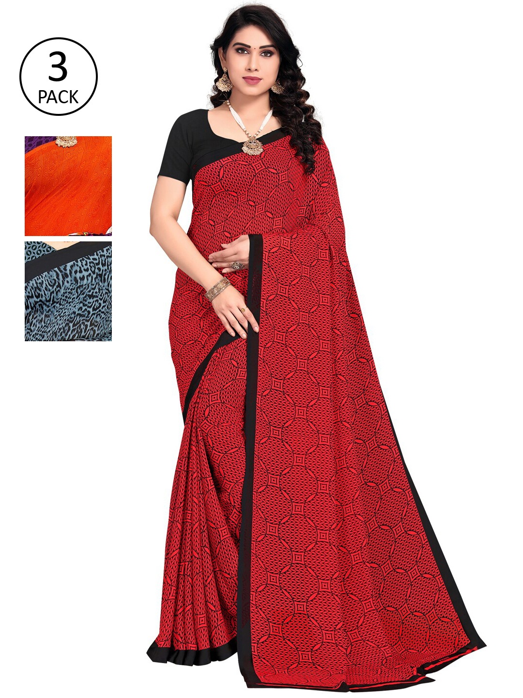 

KALINI Multicoloured Set of 3 Poly Georgette Saree, Multi