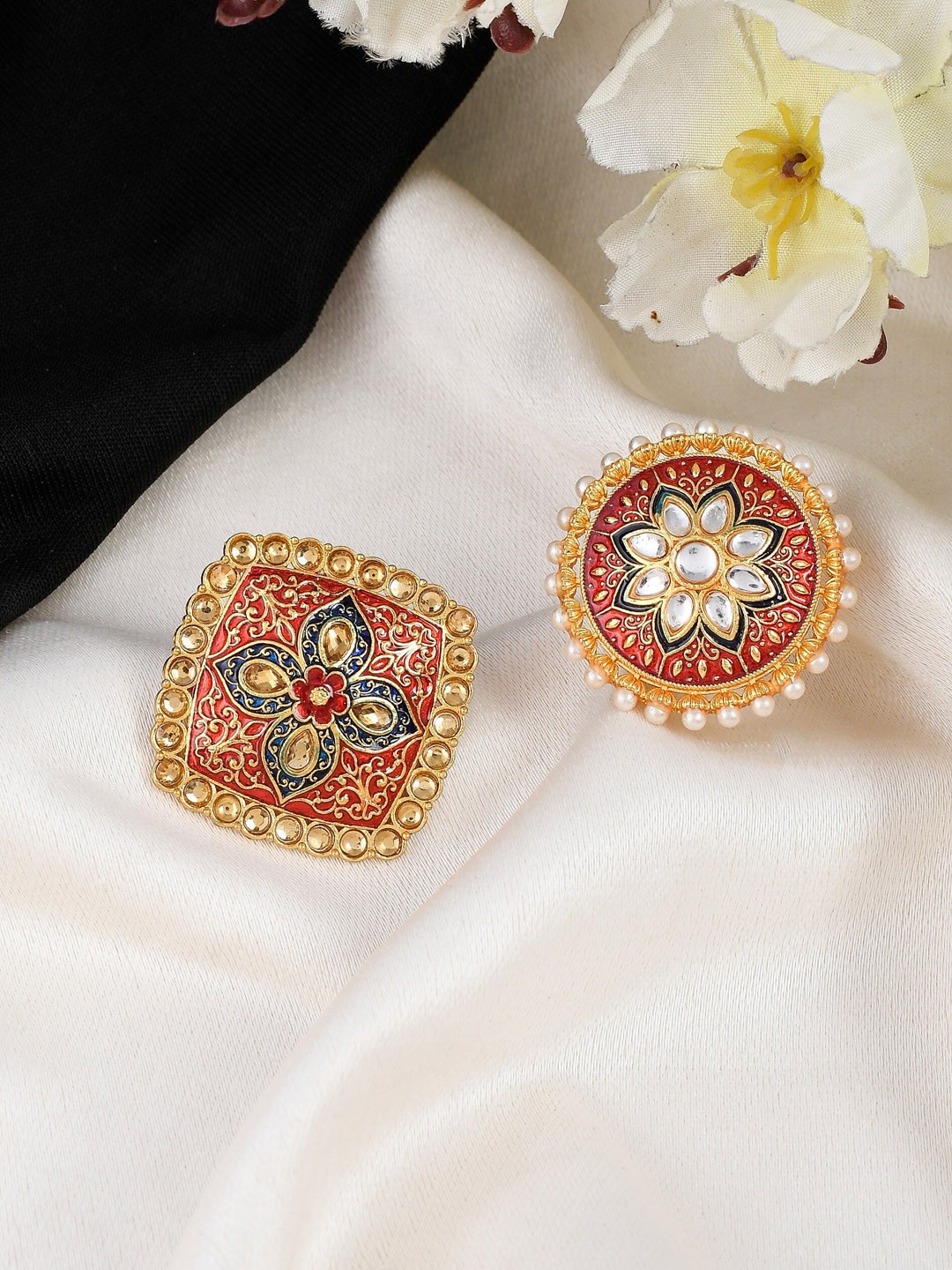 

Silvermerc Designs Set Of 2 Gold-Plated Kundan-Studded & Beaded Meenakari Finger Rings