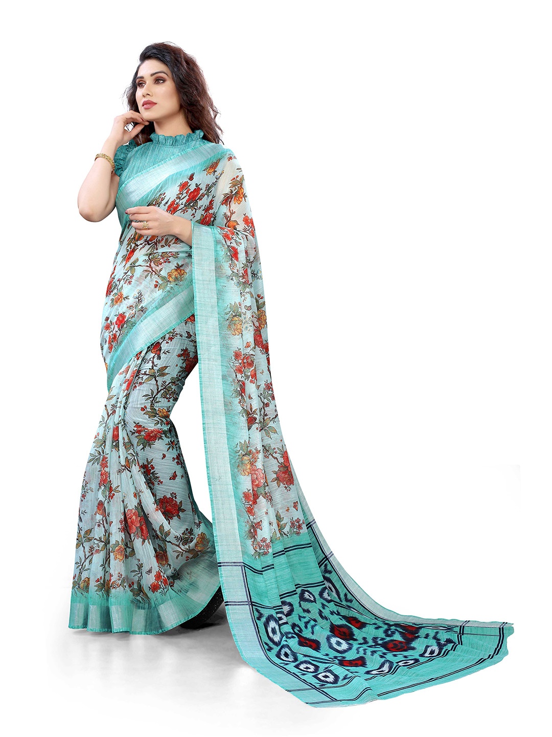 

KALINI Turquoise Blue& Multicolor Bagh Floral Print Poly Cotton Saree