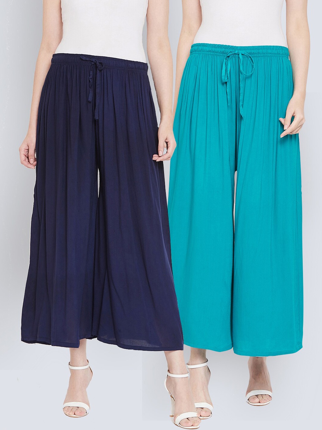 

Castle Women Pack of 2 Turquoise Blue & Navy Blue Solid Wide Leg Flared Rayon Palazzos