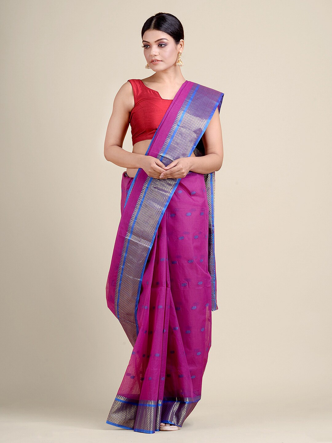 

Charukriti Magenta & Blue Ethnic Motifs Pure Cotton Handloom Taant Saree