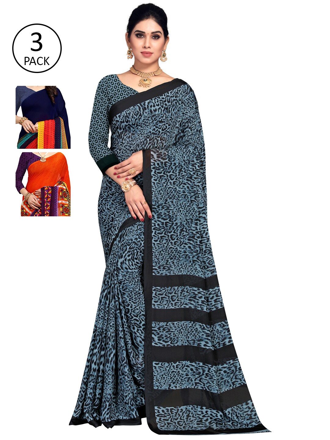 

KALINI Pack of 3 Grey & Orange Floral Saree