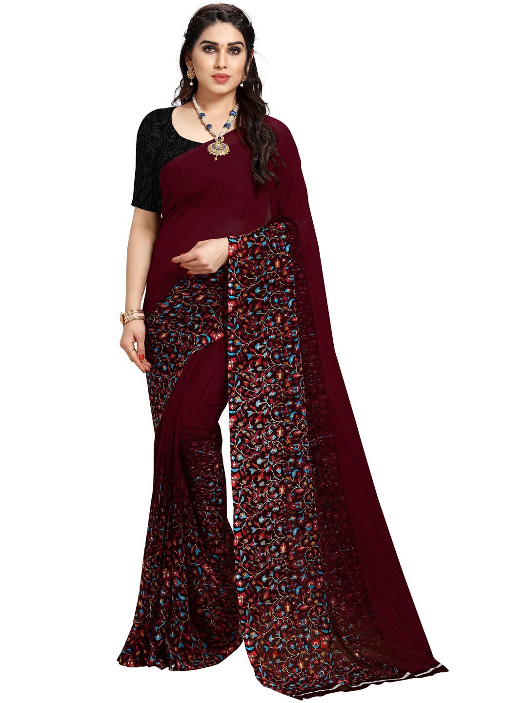 

KALINI Burgundy Floral Saree