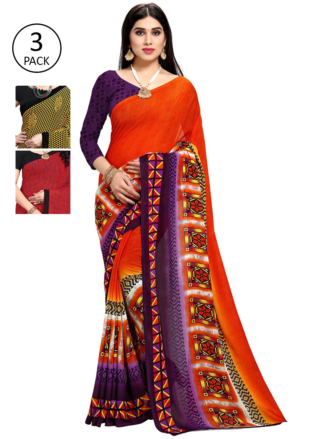 

KALINI Pack of 3 Red & Yellow Saree