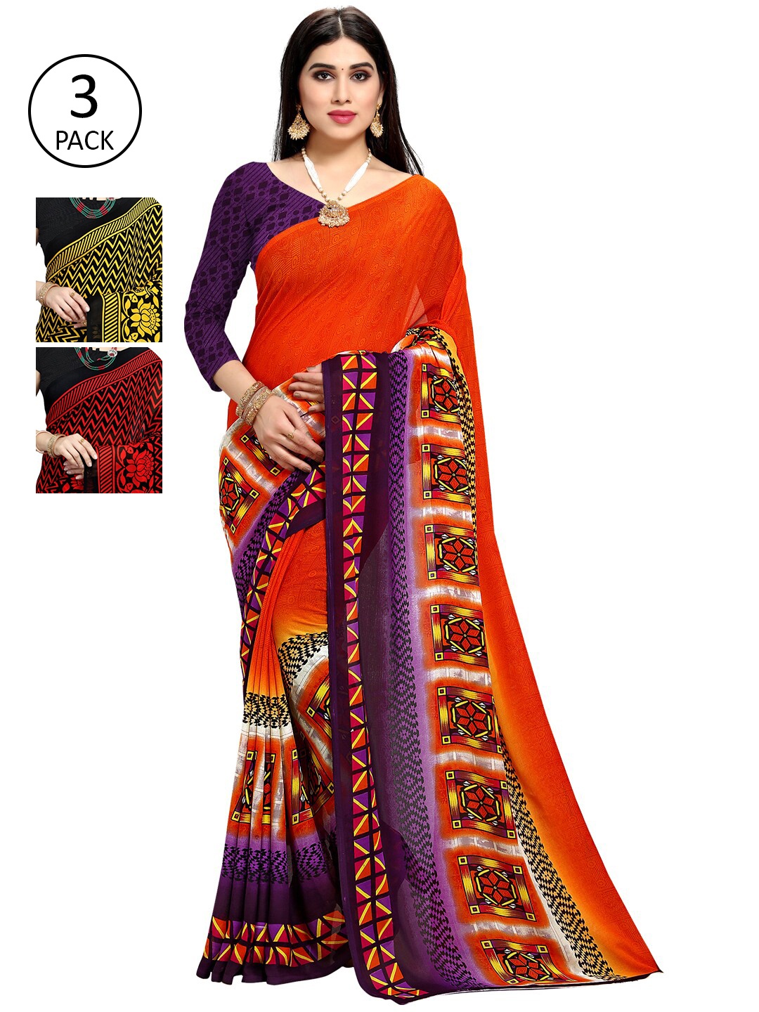 

KALINI Pack of 3Orange & Red Saree, Orange