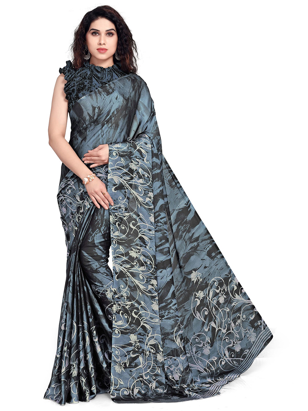 

KALINI Women Black & Grey Printed Chiffon Saree