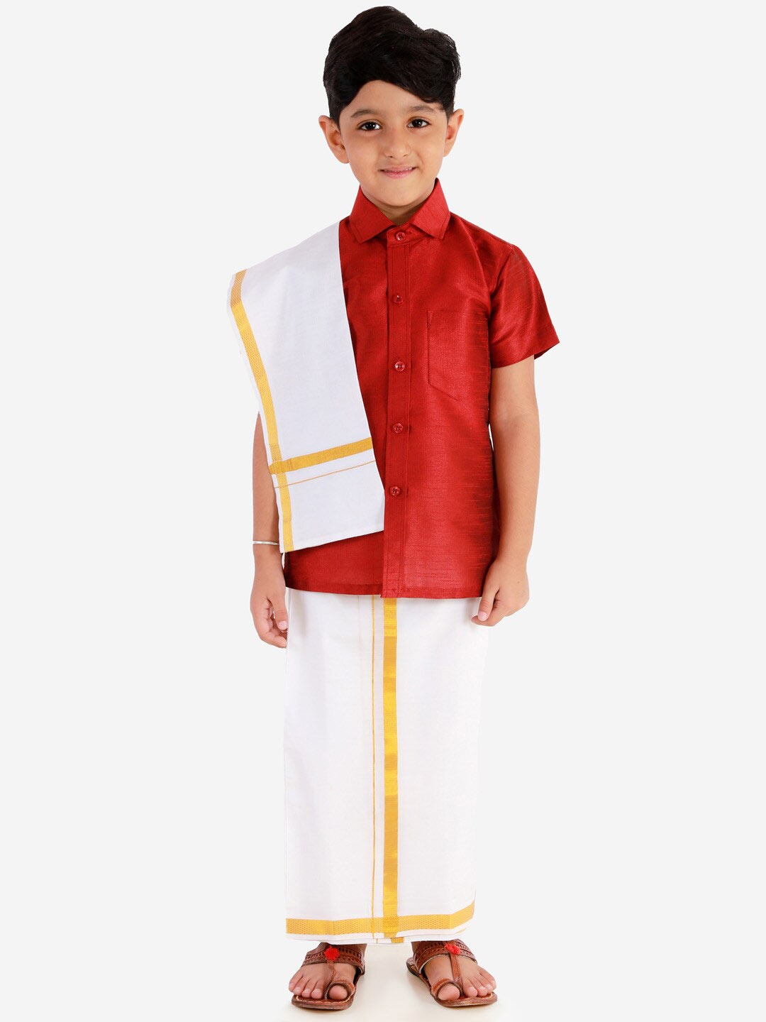 

VASTRAMAY Boys Maroon & White Shirt with Mundu and Dupatta