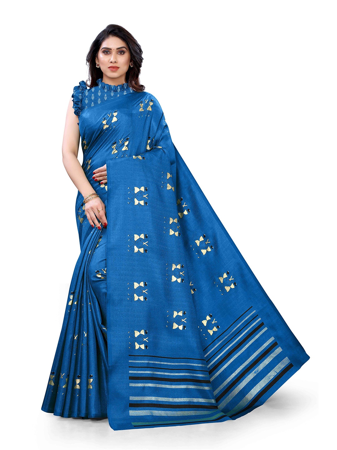 

KALINI Women Blue & Golden Tribal Print Art Silk Saree With Unstitched Blouse