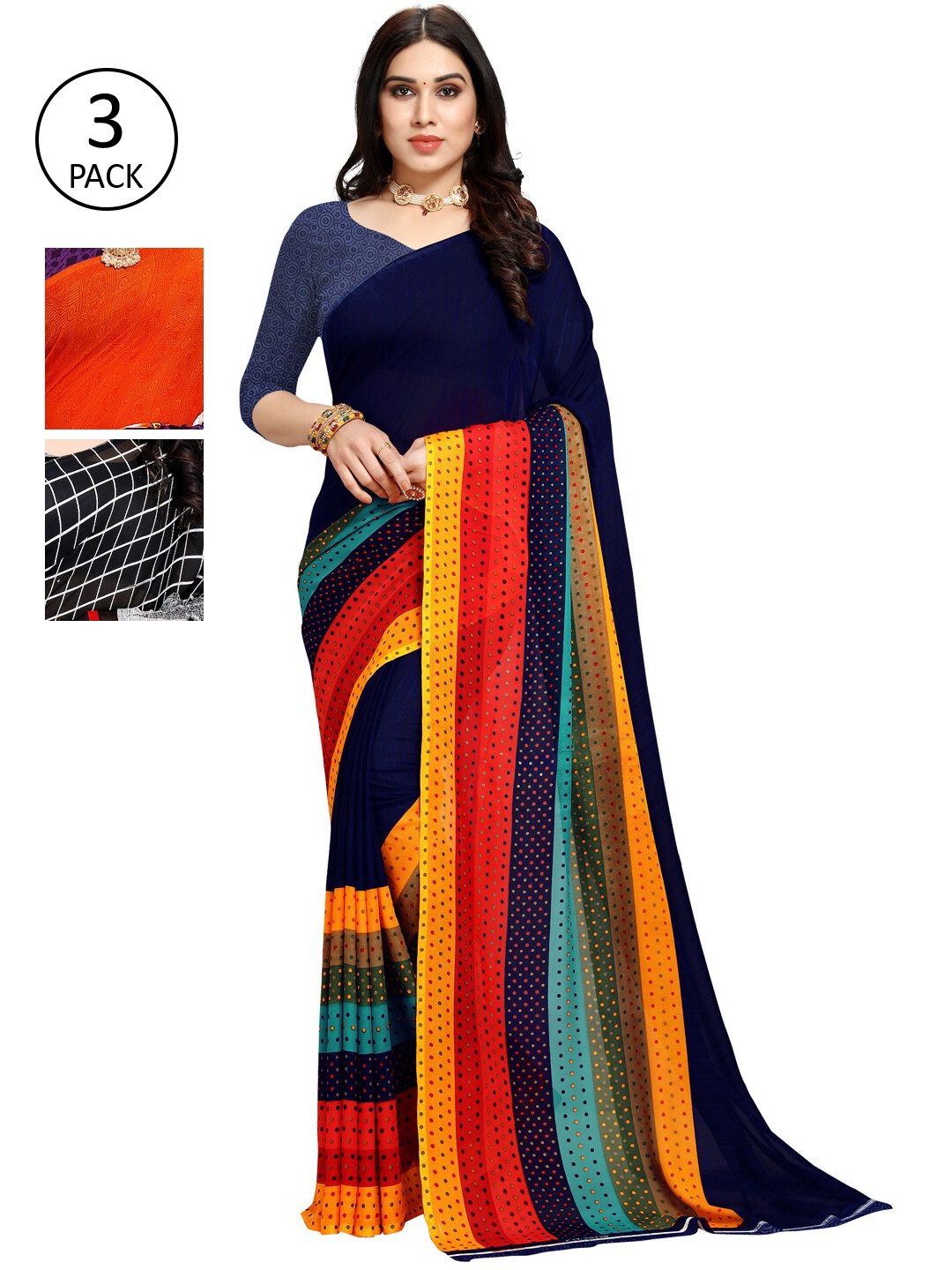 

KALINI Multicoloured Set of 3 Poly Georgette Saree, Multi