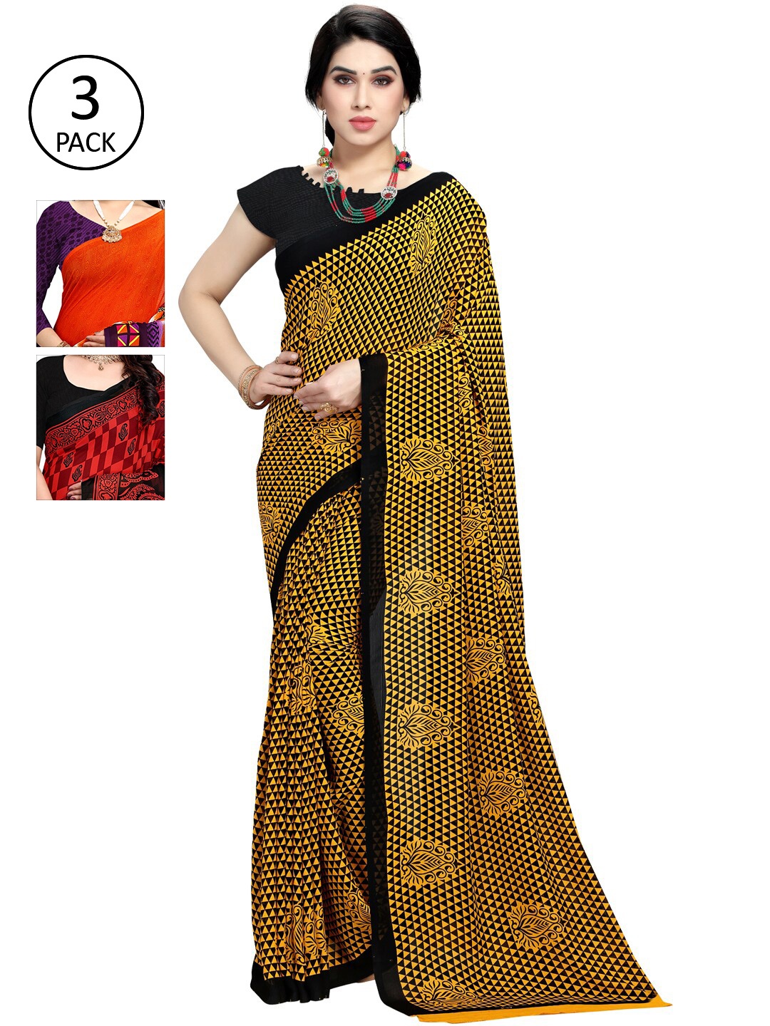 

KALINI Multicoloured Set of 3 Poly Georgette Saree, Multi