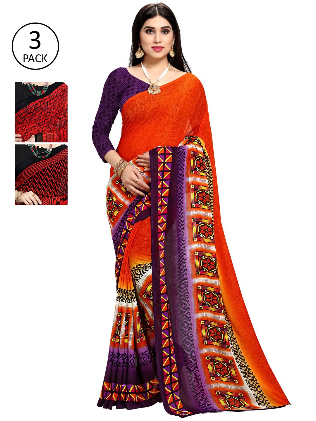 

KALINI Pack of 3 Red & Black Poly Georgette Sarees