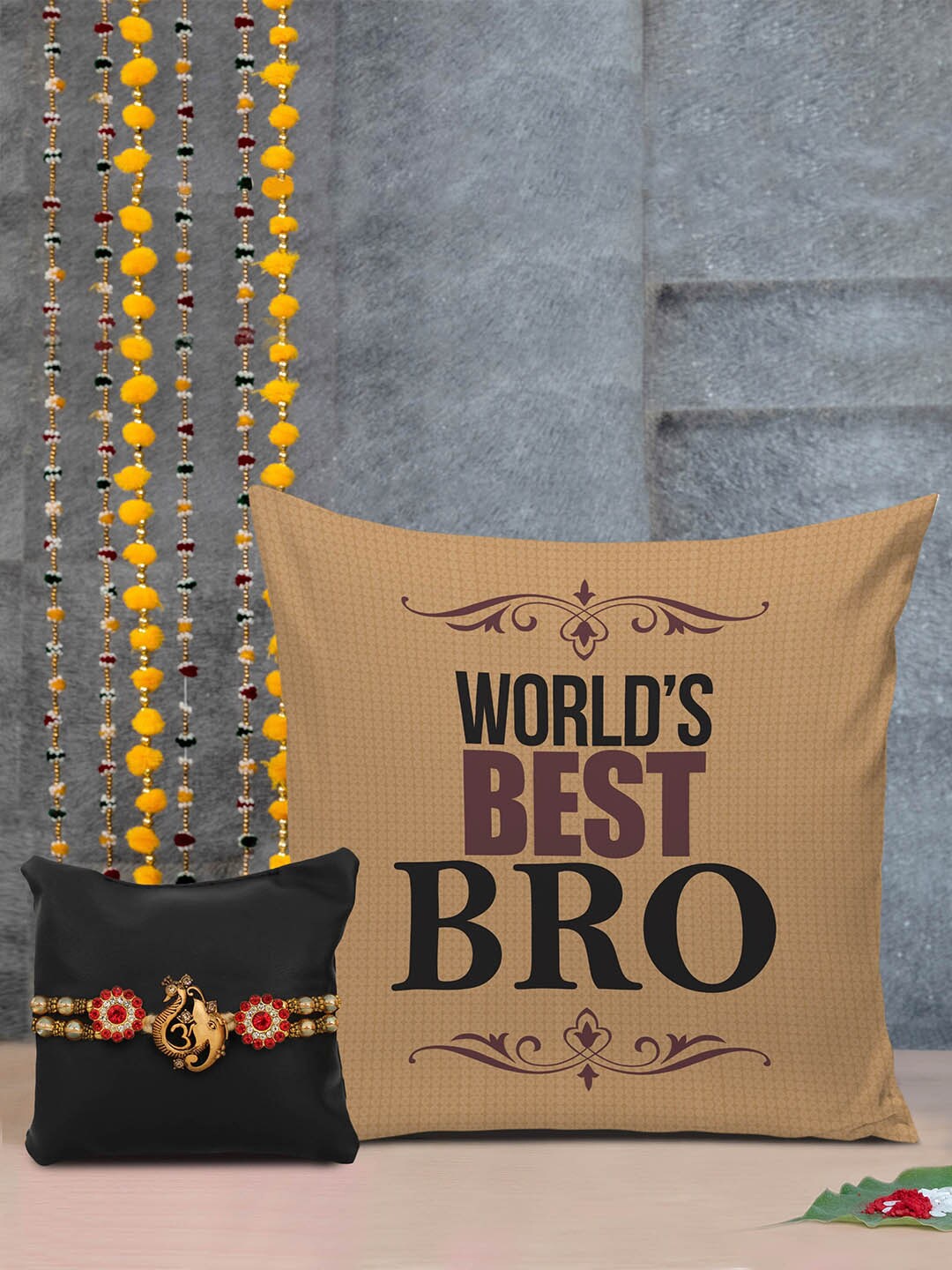 

TIED RIBBONS Set Of 2 Printed Cushion & Rakhi Gift set, Beige