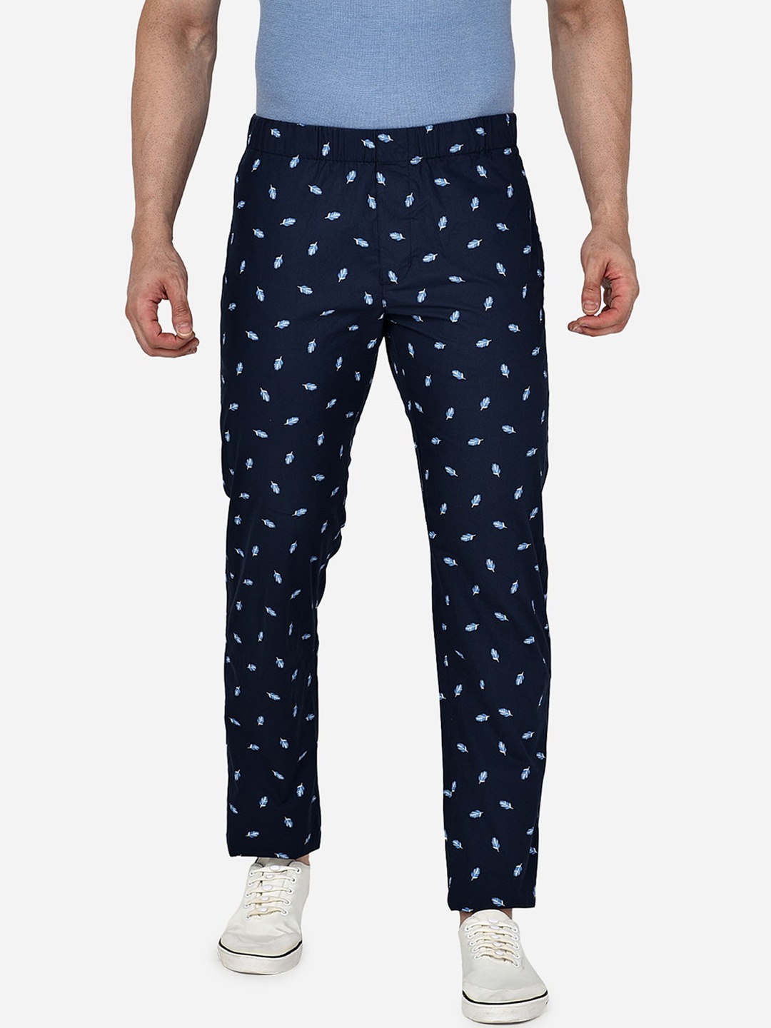 beevee Men Navy Blue & White Leaf Printed Straight-Fit Pure Cotton Track Pants