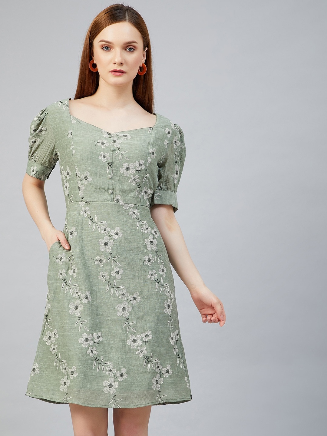 

Marie Claire Green Floral Crepe A-Line Dress