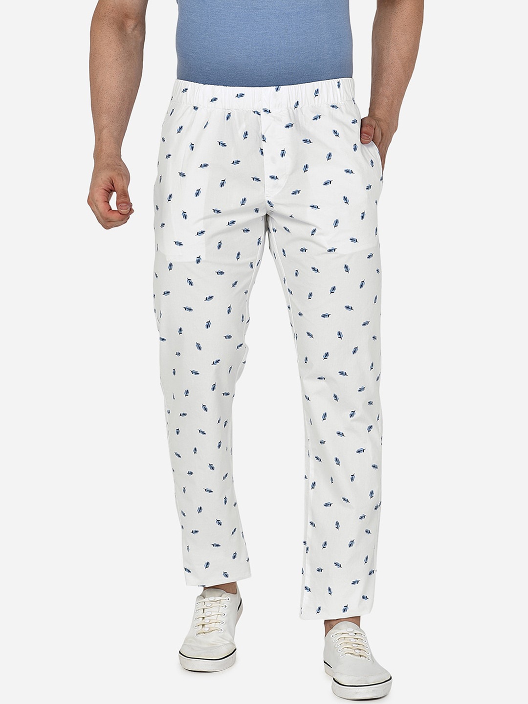 

beevee Men White & Blue Printed Pure Cotton Straight-Fit Track Pants