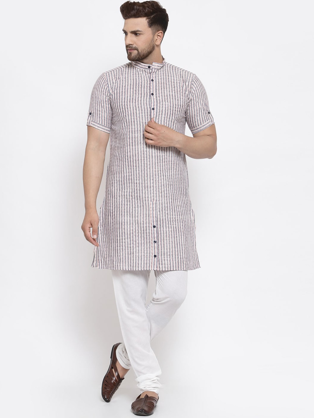 

KLOTTHE Men White & Black Striped Thread Work Kurta