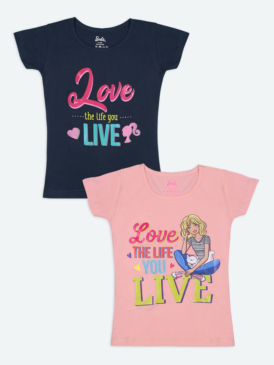 

Barbie Girls Navy Blue Peach Pack of 2 Barbie Printed Pure Cotton T-shirts