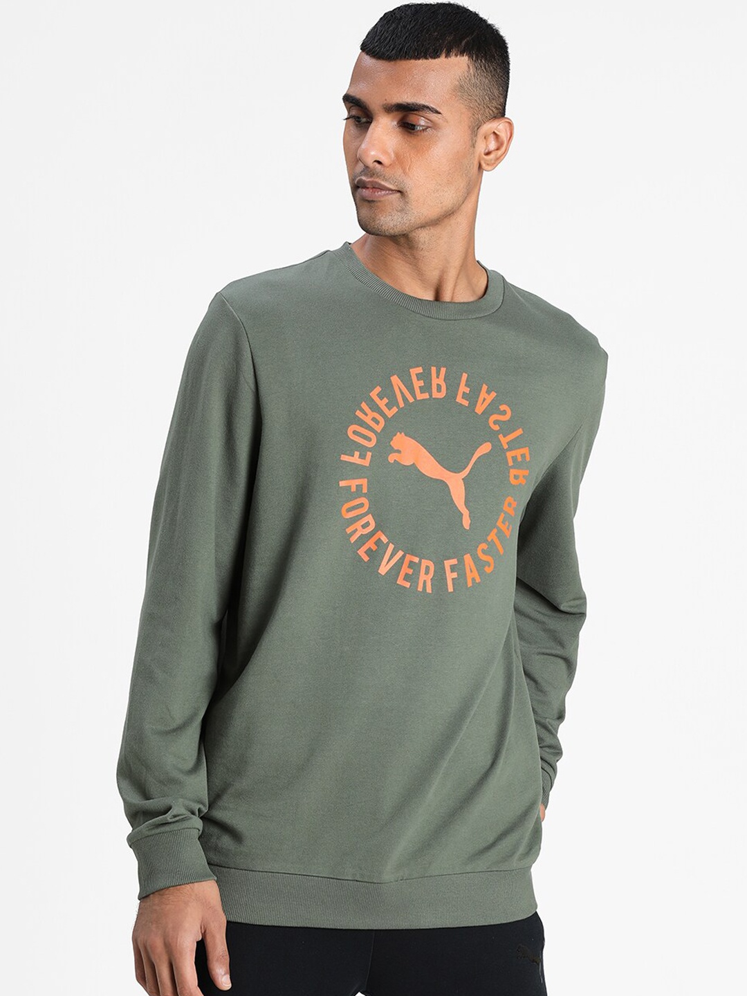 

Puma Men Green Printed Cotton Crew Sweat V3
