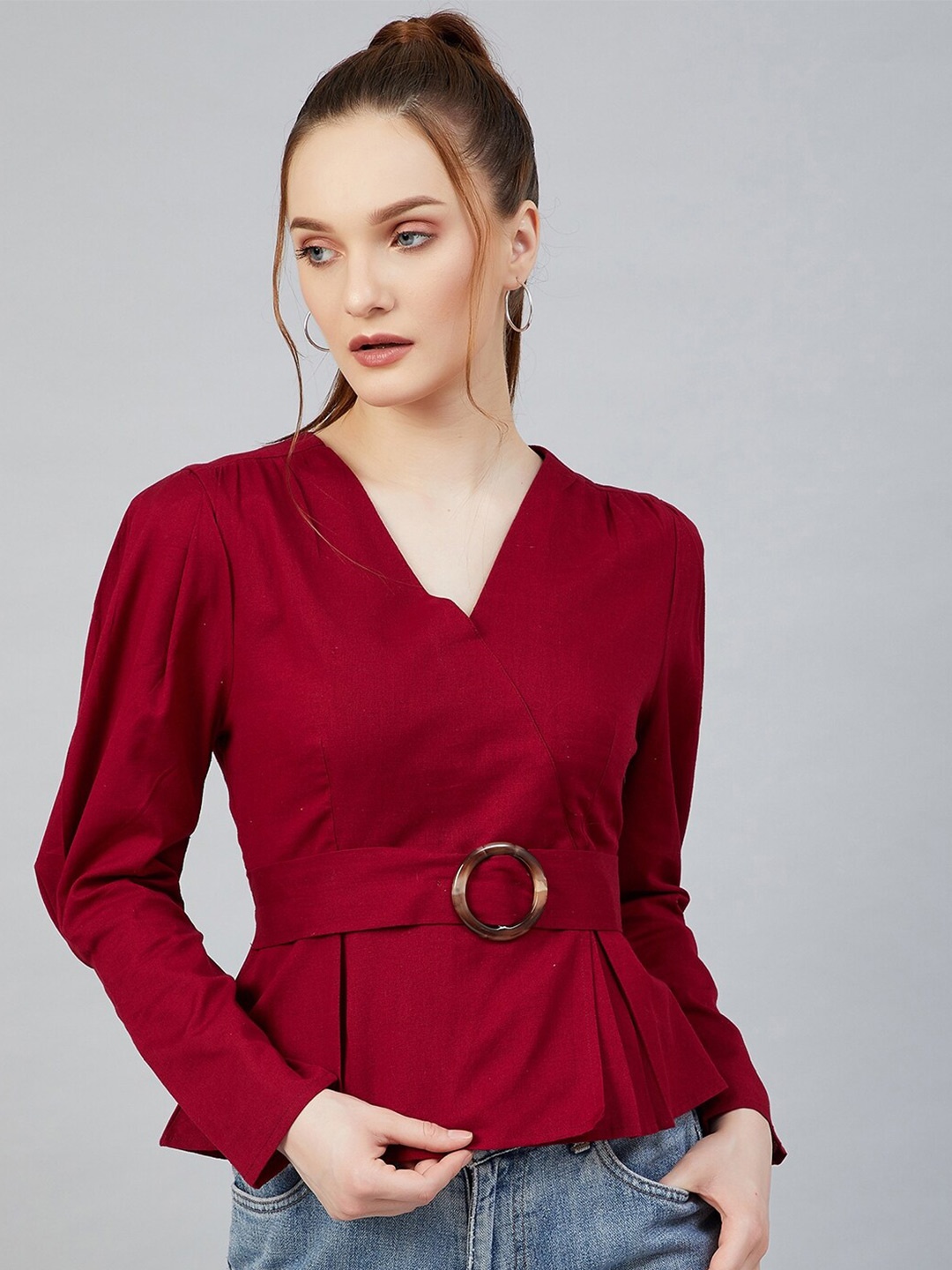

Carlton London Maroon Puff Sleeve Cotton Wrap Top