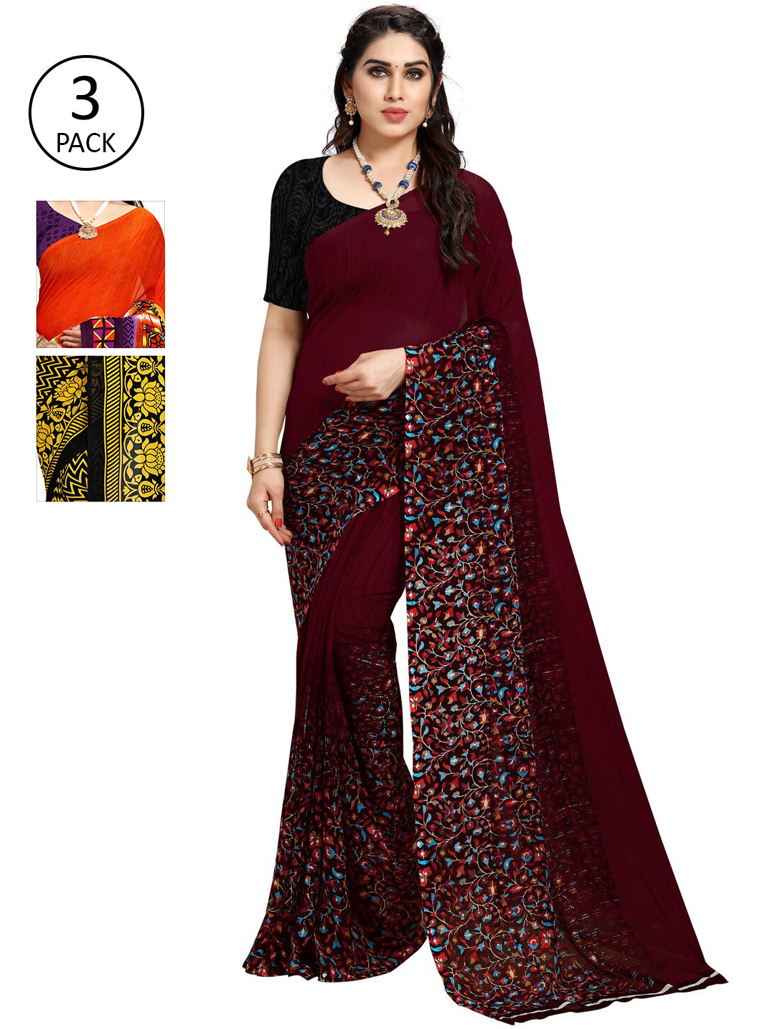 

KALINI Pack of 3 Printed Poly Georgette Sarees, Multi