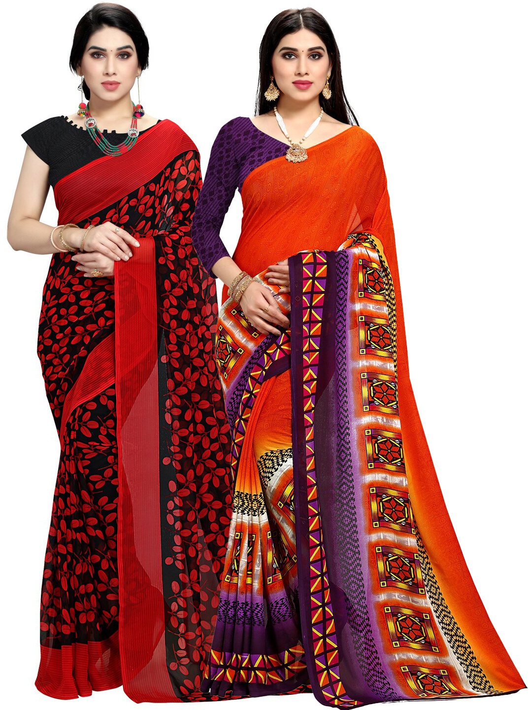 

KALINI Pack of 3 Orange & Red Floral Saree
