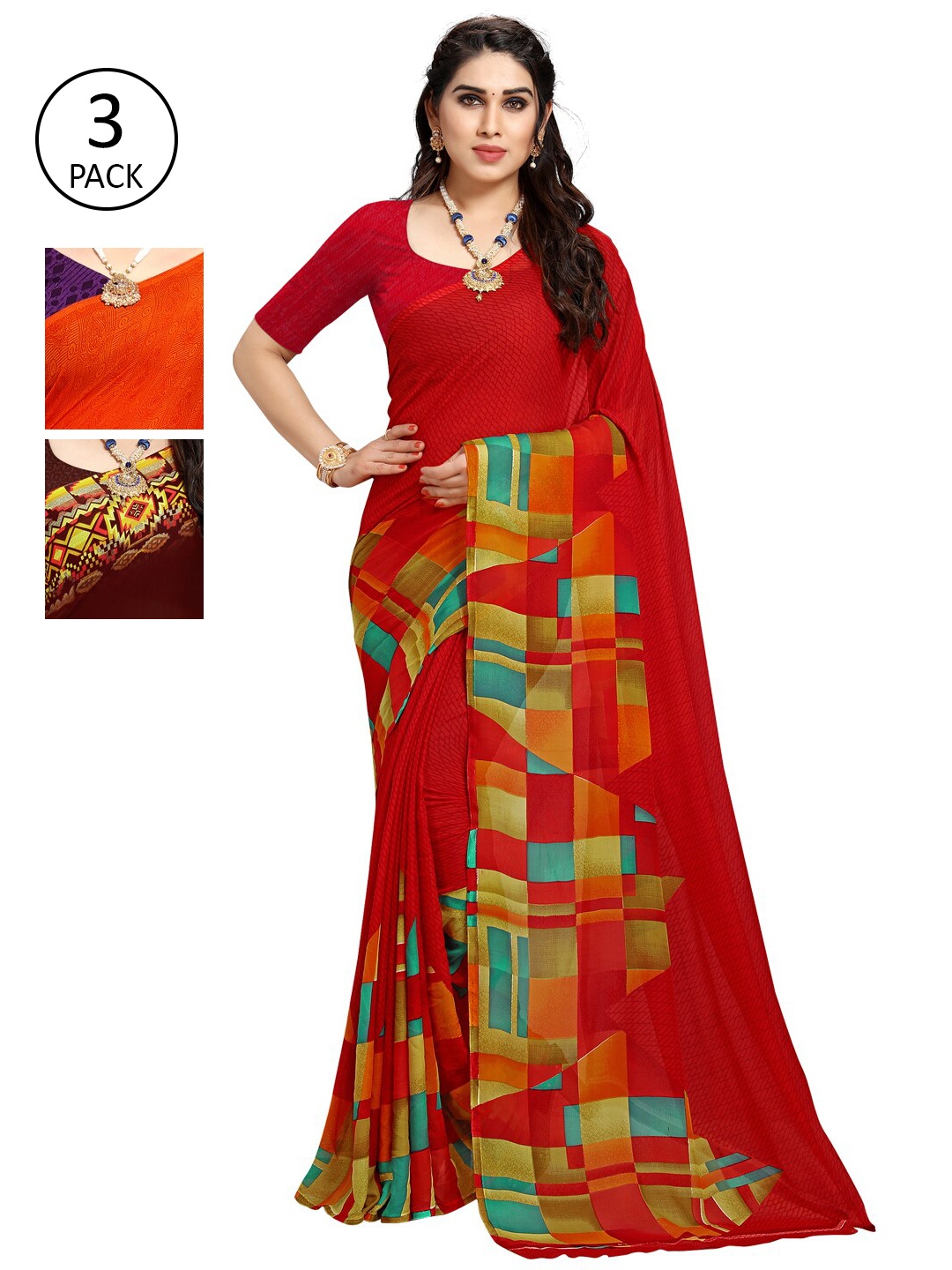 

KALINI Pack of 3 Brown & Orange Floral Saree