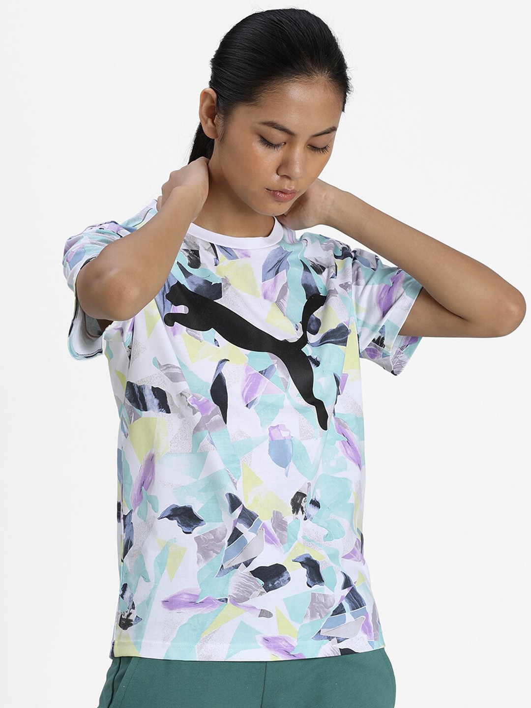 

Puma Women Yellow Brand Logo Printed AOP Relaxed T-shirt