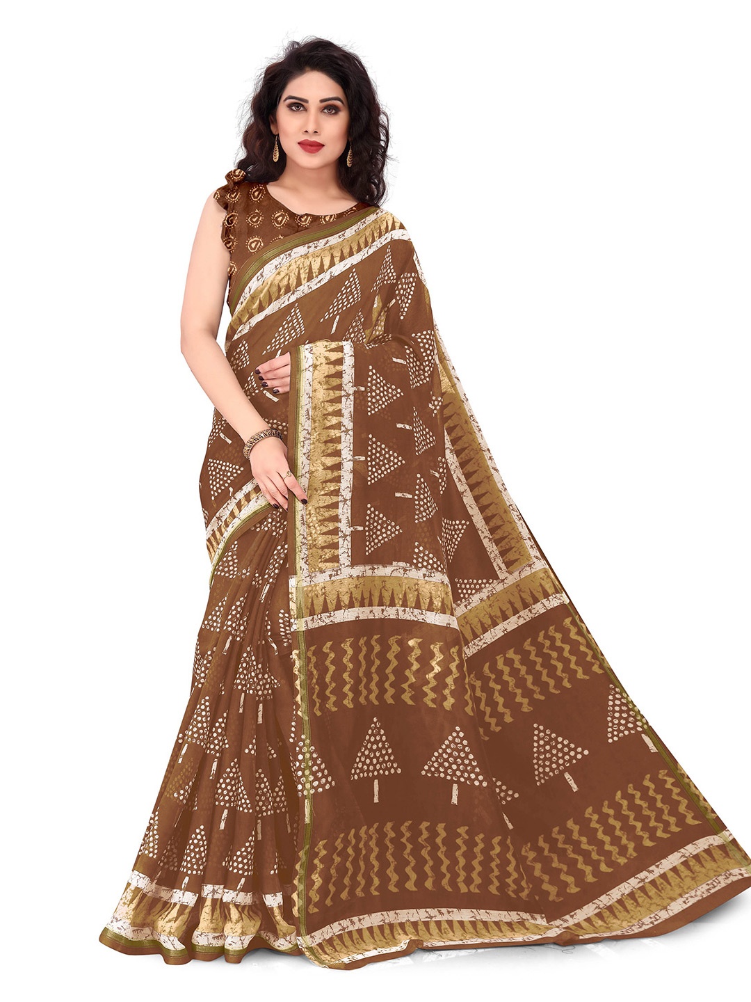 

KALINI Women Brown& Off White Batik Block Print Polycotton Saree