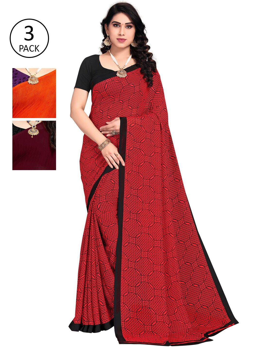 

KALINI Pack of 3 Maroon & Orange Floral Saree