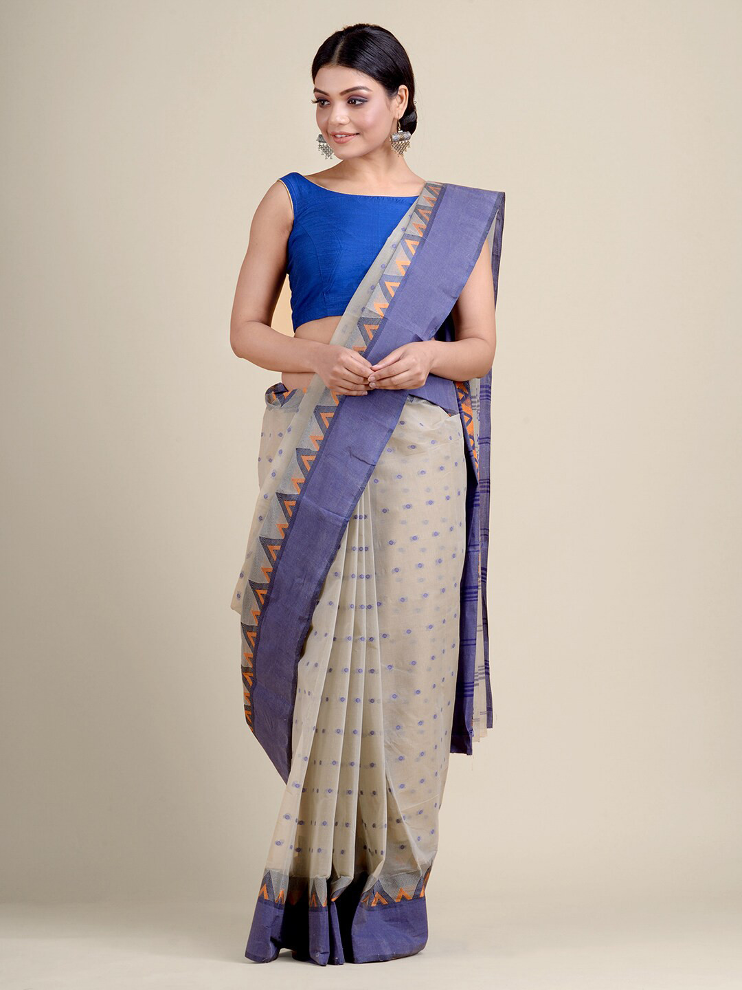 

Charukriti Beige & Blue Woven Design Handloom Pure Cotton Taant Saree