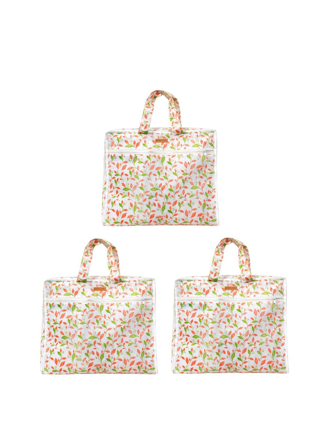 prettykrafts Women Set Of 3 White & Green Printed One Day Travelling Saree Cover Organiser