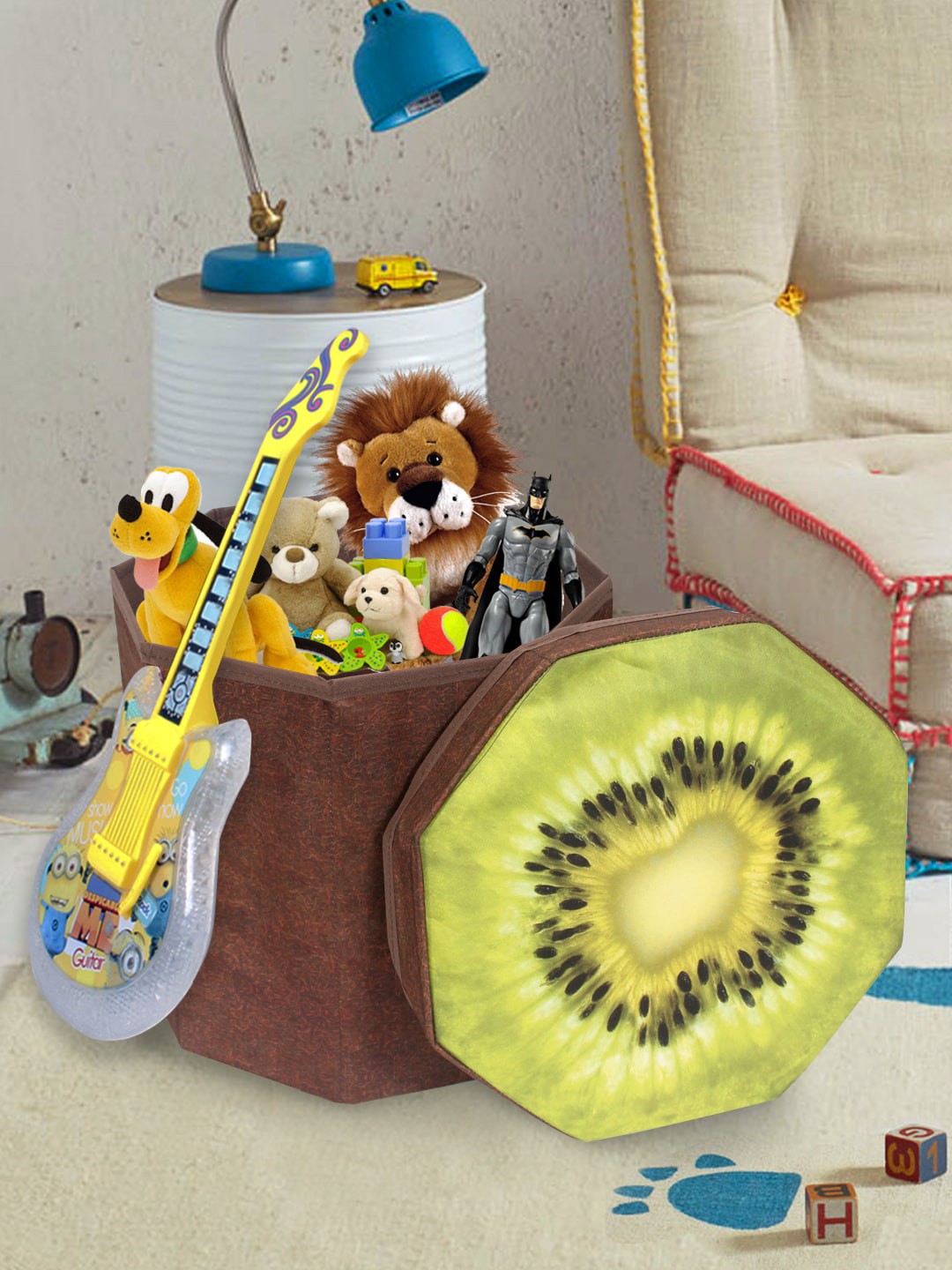 

prettykrafts Coffee Brown & Green Kiwi Printed Stool Storage Organiser
