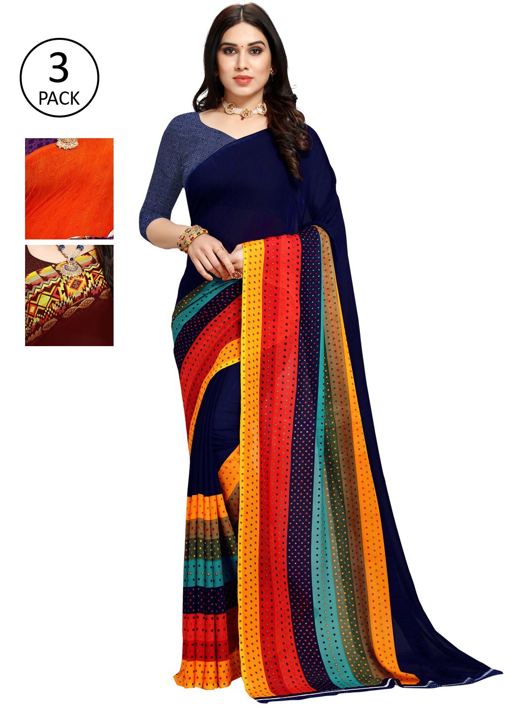 

KALINI Pack of 3 Printed Poly Georgette Sarees, Multi