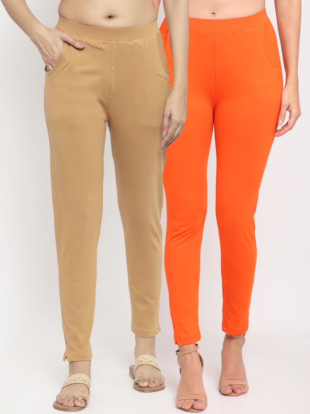 

NEUDIS Women Pack of 2 Solid Ankle Length Leggings, Orange