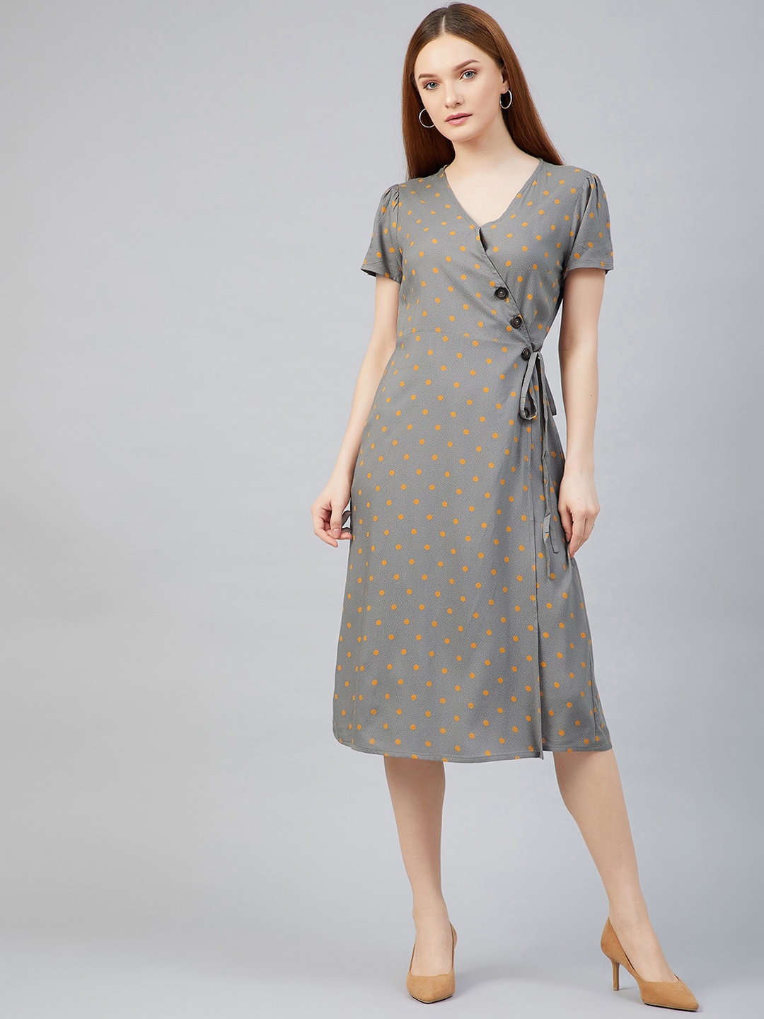 

Marie Claire Grey Polka Dots Printed Midi Dress