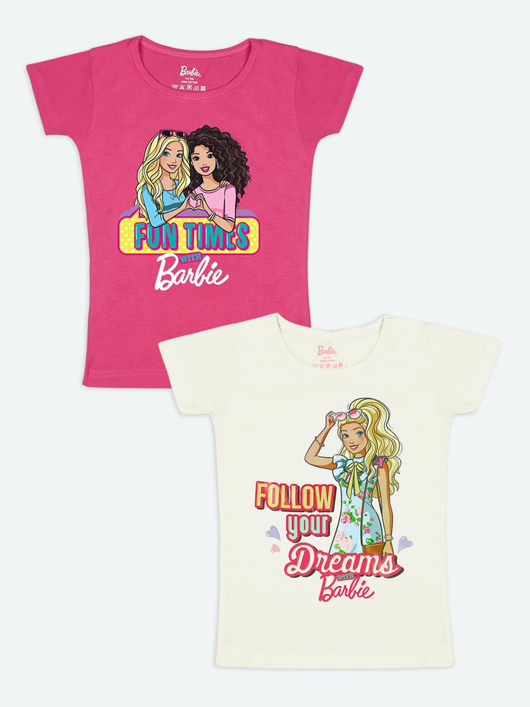 

Barbie Girls Pink & Off White Set of 2 Printed T-shirt