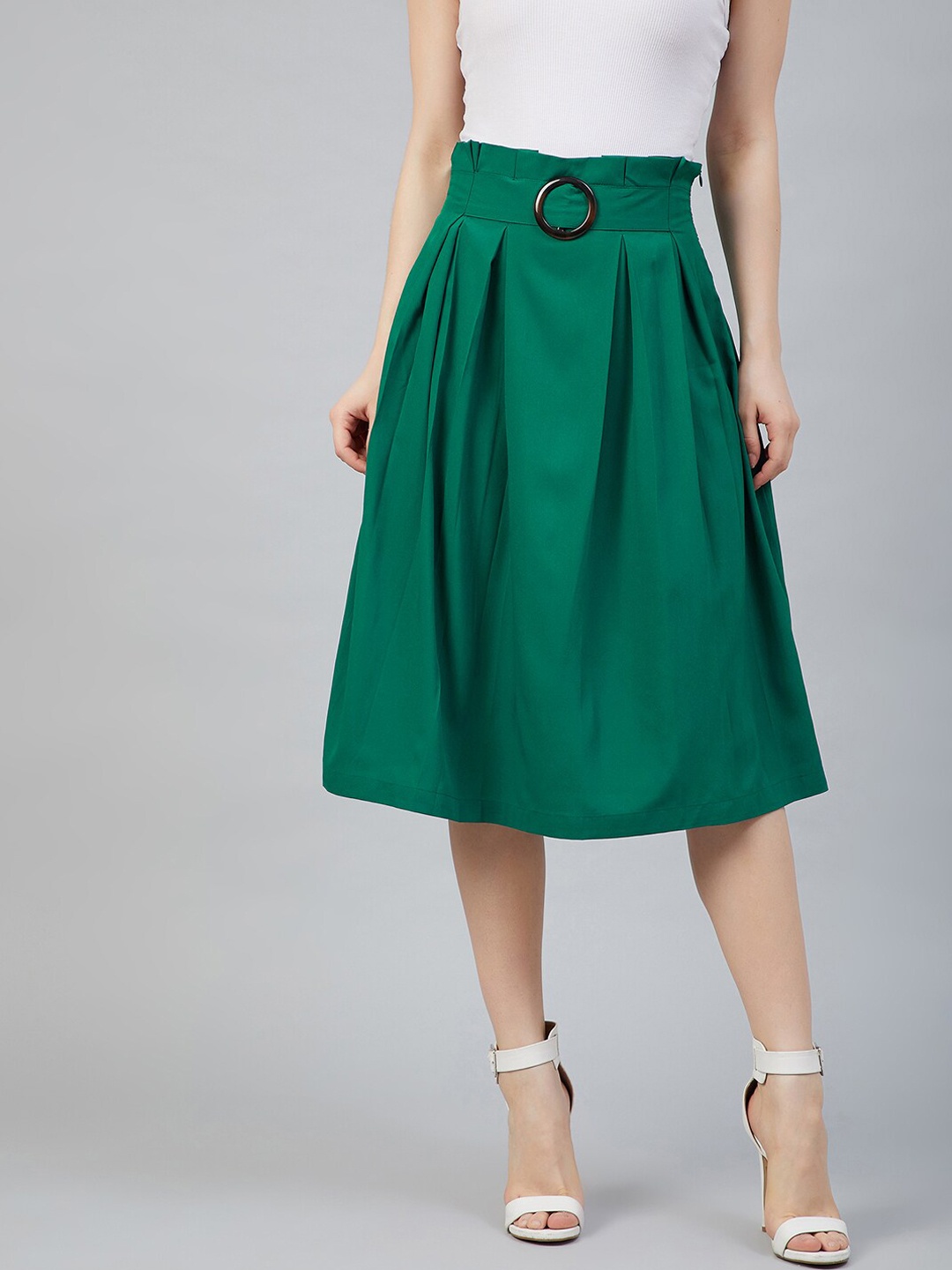 

RARE Women Green Solid A-Line Midi Skirt