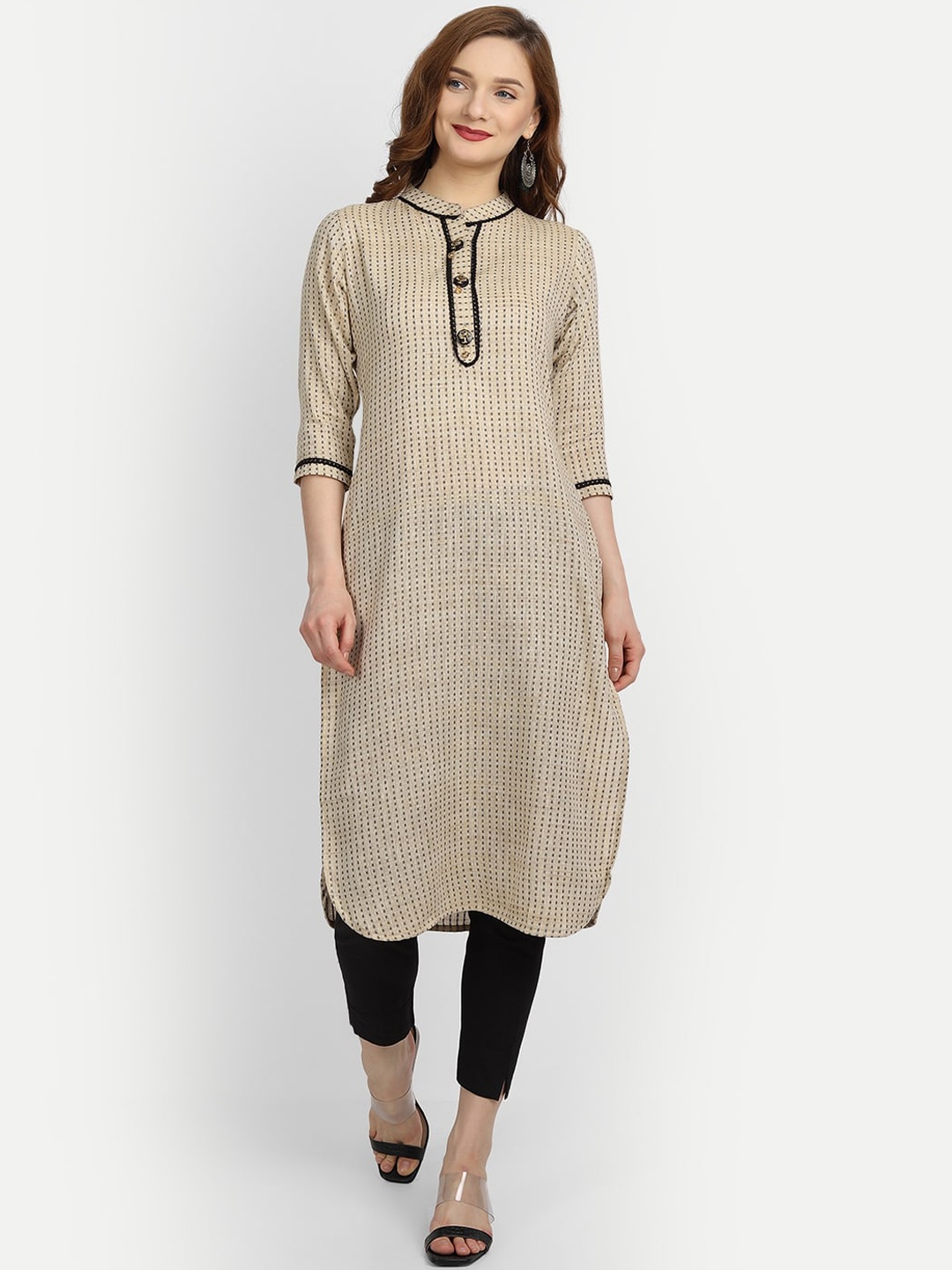 

HK colours of fashion Women Beige Chevron Thread Work Jacquard Kurta