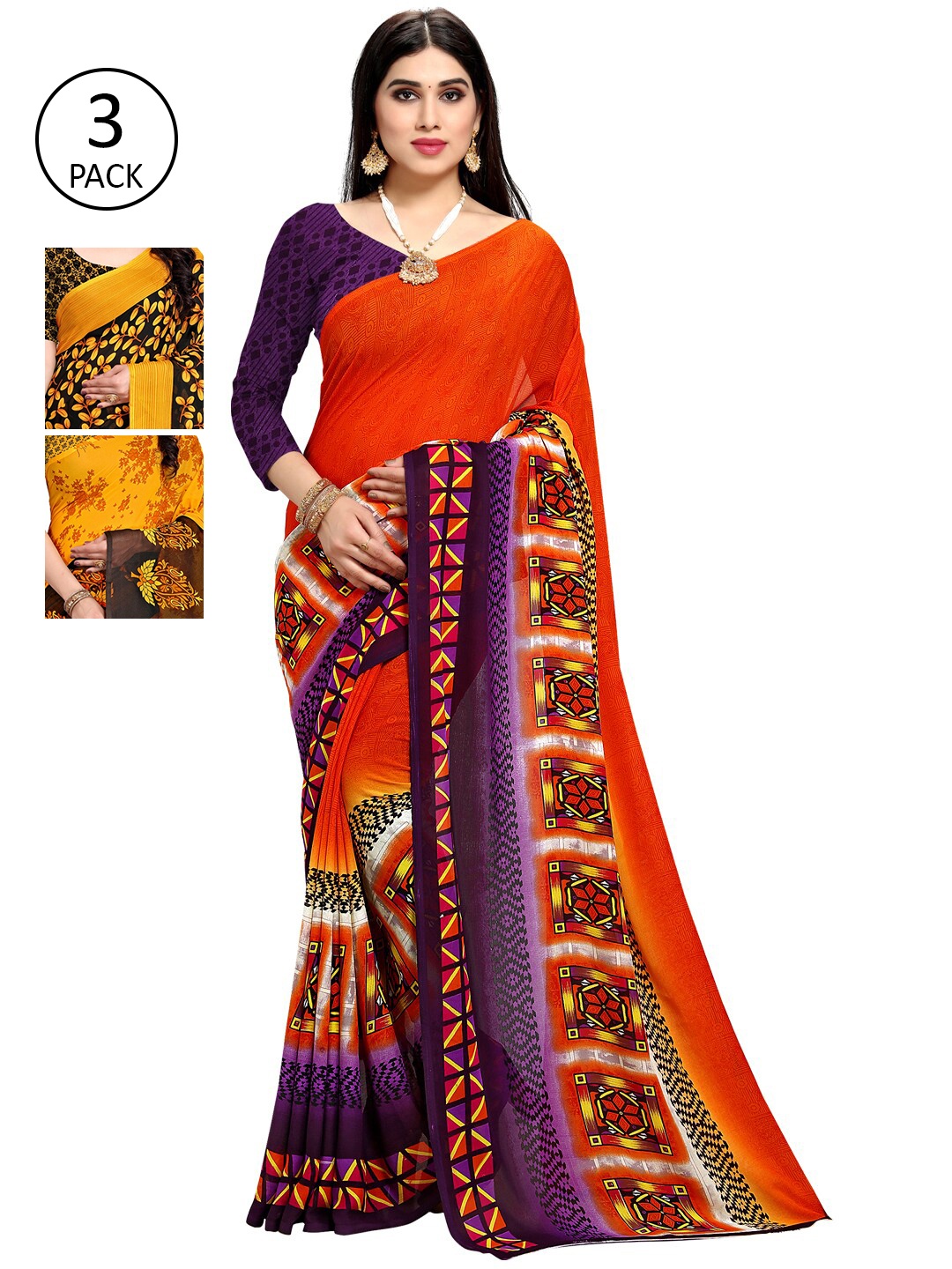 

KALINI Pack of 3 Yellow & Orange Saree