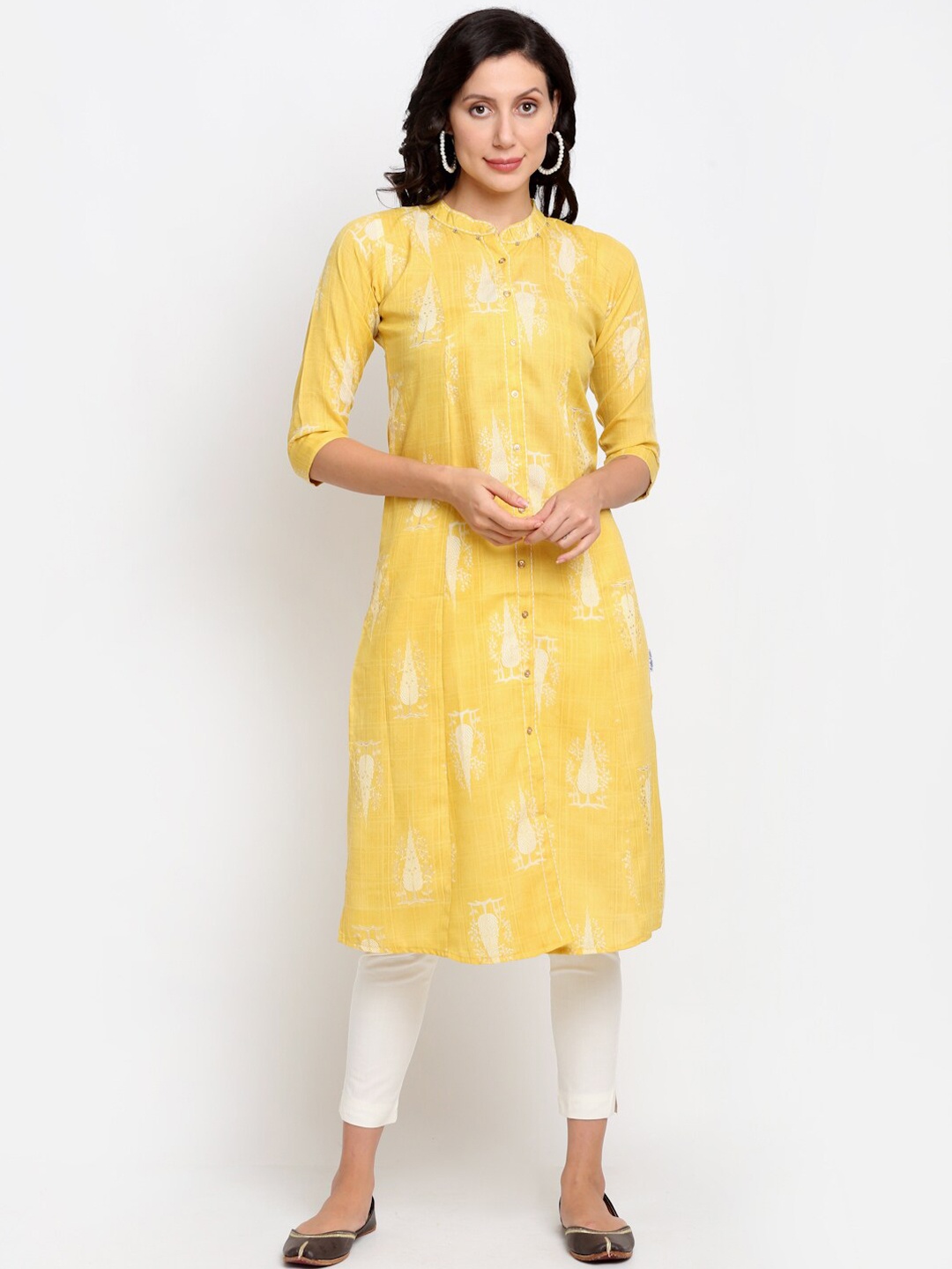 

Lovely Lady Women Mustard Yellow & White Ethnic Motifs Printed Kurta