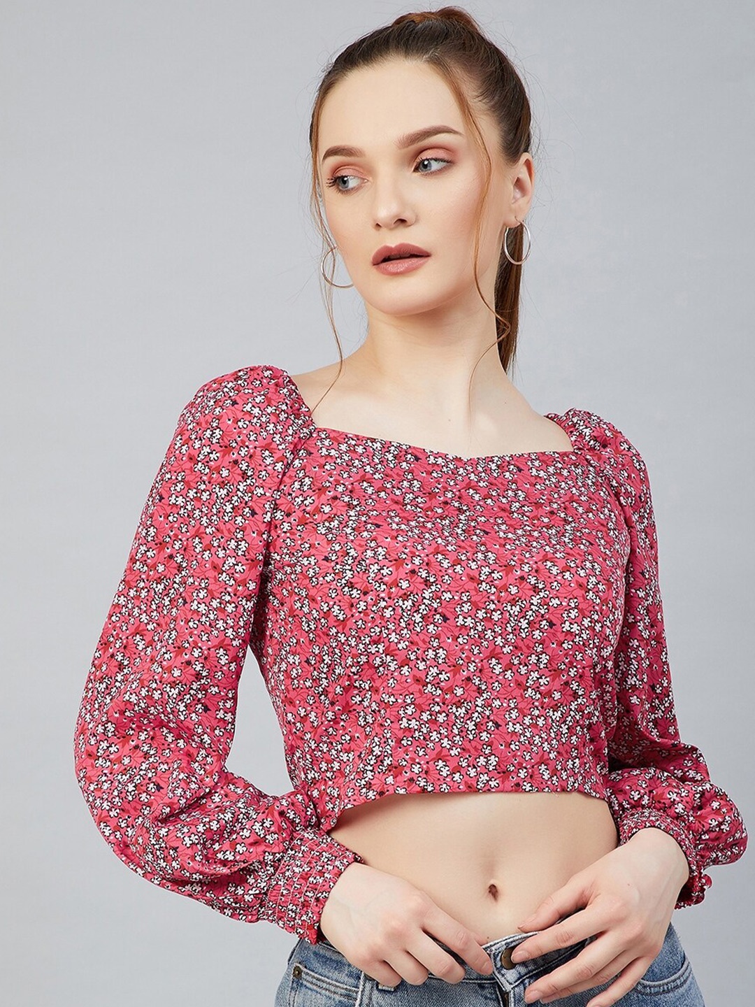 

RARE Pink & White Floral Puff Sleeve Crepe Regular Crop Top