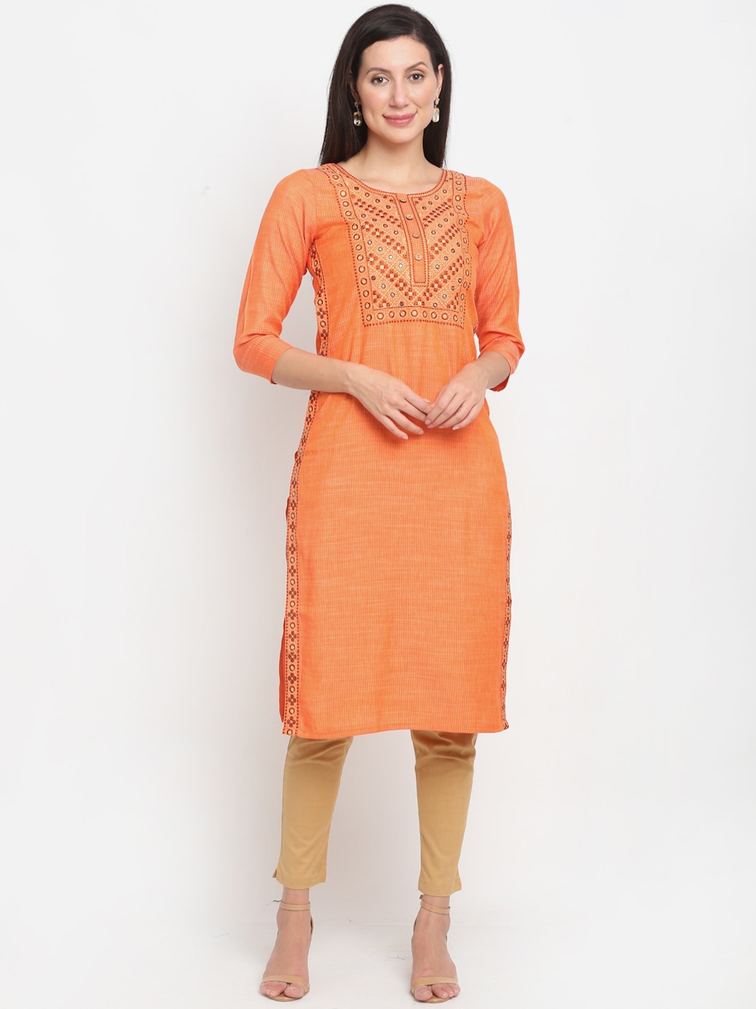 

Lovely Lady Women Peach-Coloured & Off White Geometric Yoke Design Thread Work Kurta