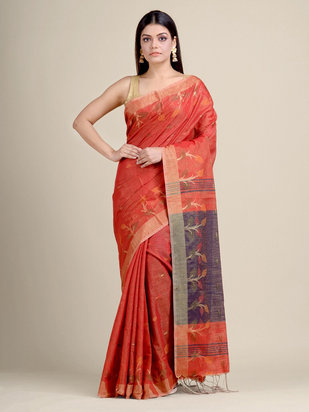 

Charukriti Red & Blue Woven Design Handloom Cotton Blended Saree
